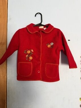 Red Embroidered Button-Up Cardigan with Pockets